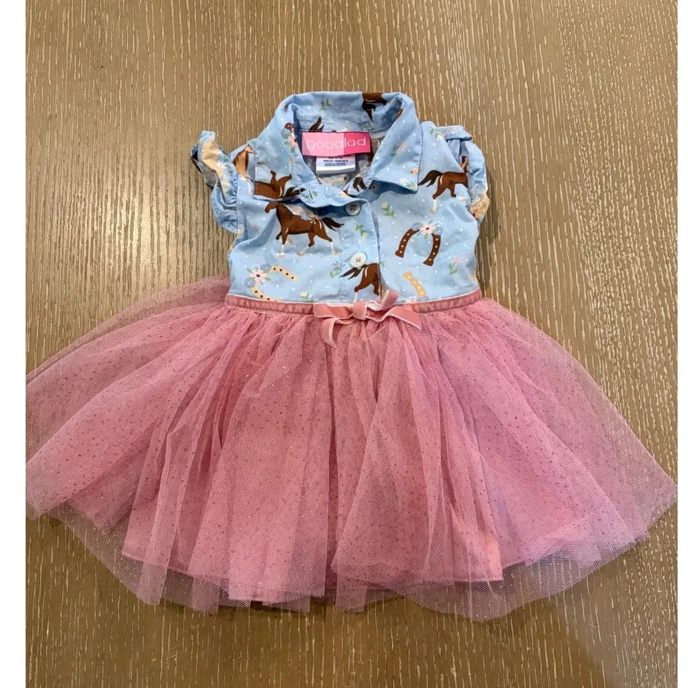 Goodlad Baby Girls Horse Print Tulle Dress & Denim Shorts Set 6 Months Pink